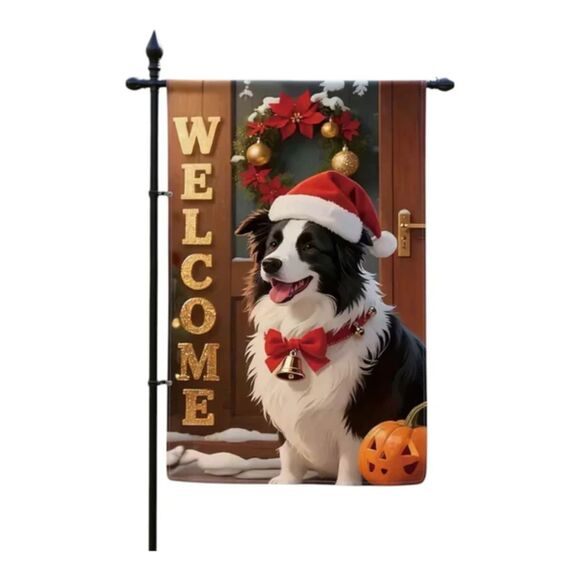 Christmas Garden Flag 12x18 – Black and White Border Collie Dog Santa Hat - Picture 3 of 3